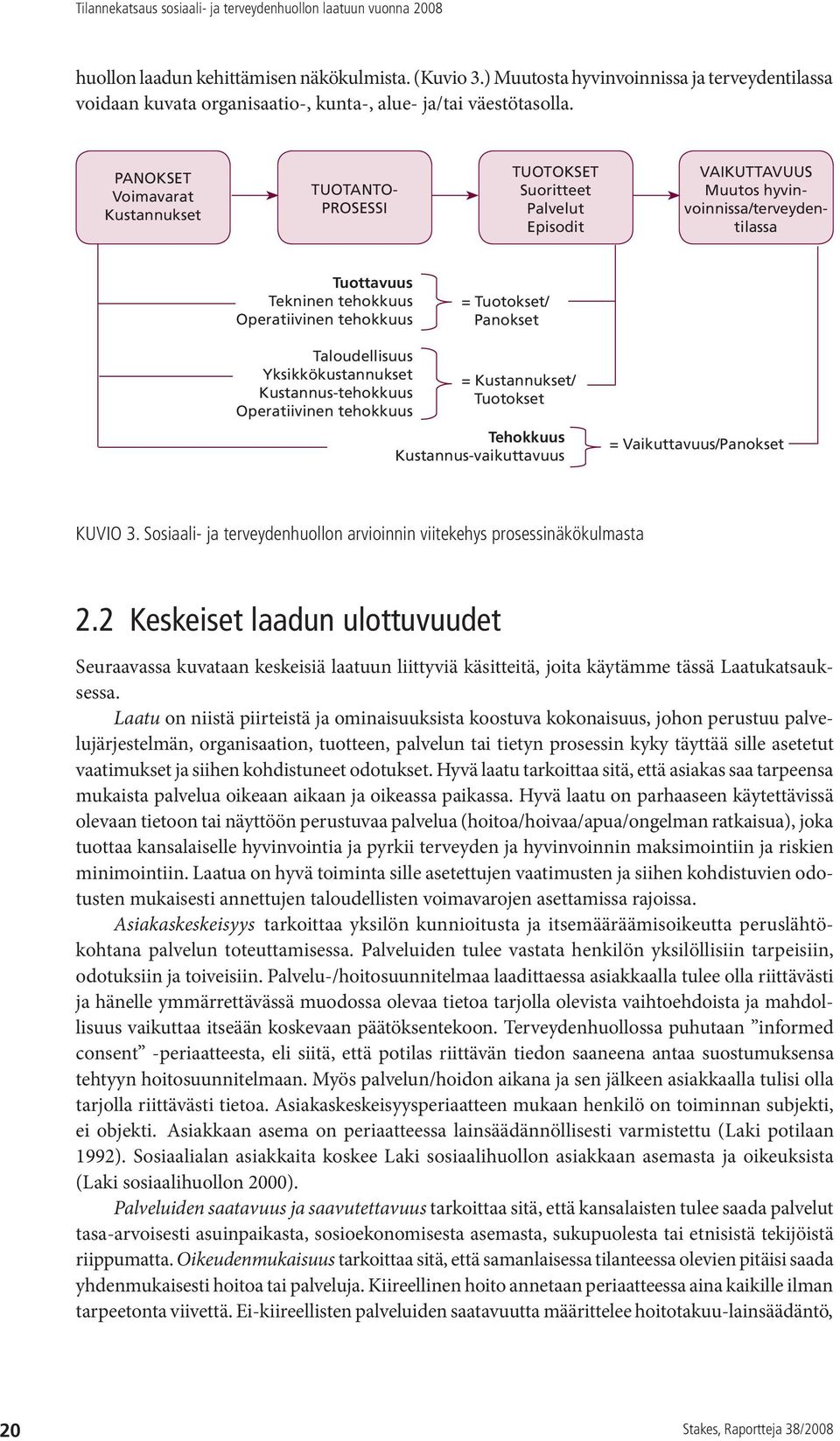 PANOKSET Voimavarat Kustannukset TUOTANTO- PROSESSI TUOTOKSET Suoritteet Palvelut Episodit VAIKUTTAVUUS Muutos hyvinvoinnissa/terveydentilassa Tuottavuus Tekninen tehokkuus Operatiivinen tehokkuus =