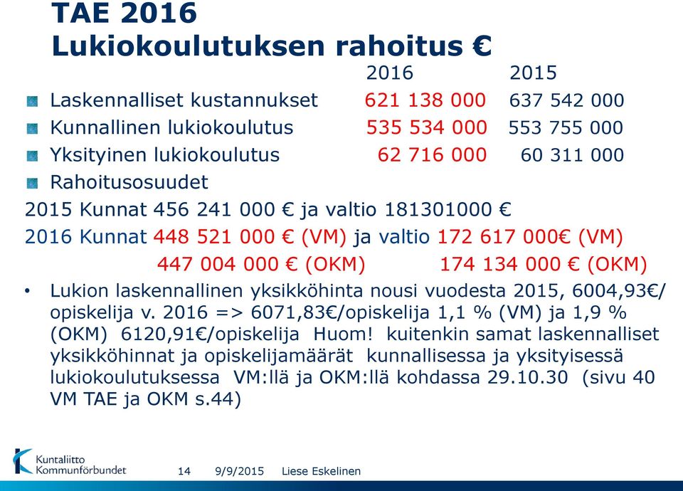 laskennallinen yksikköhinta nousi vuodesta 2015, 6004,93 / opiskelija v. 2016 => 6071,83 /opiskelija 1,1 % (VM) ja 1,9 % (OKM) 6120,91 /opiskelija Huom!