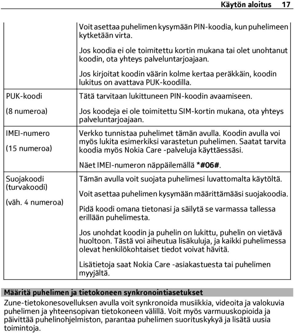 Tätä tarvitaan lukittuneen PIN-koodin avaamiseen. Jos koodeja ei ole toimitettu SIM-kortin mukana, ota yhteys palveluntarjoajaan. Verkko tunnistaa puhelimet tämän avulla.