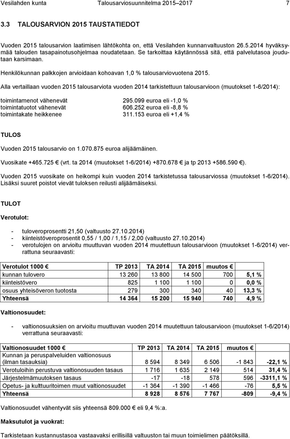 Alla vertaillaan vuoden 2015 talousarviota vuoden 2014 tarkistettuun talousarvioon (muutokset 1-6/2014): toimintamenot vähenevät 295.099 euroa eli -1,0 % toimintatuotot vähenevät 606.
