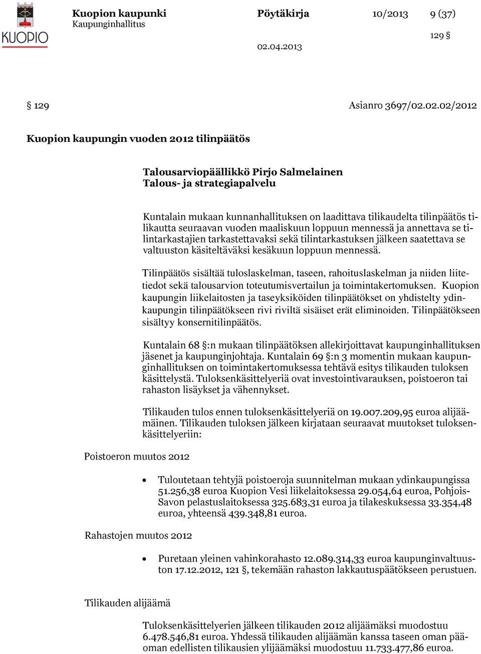 tilikaudelta tilinpäätös tilikautta seuraavan vuoden maaliskuun loppuun mennessä ja annettava se tilintarkastajien tarkastettavaksi sekä tilintarkastuksen jälkeen saatettava se valtuuston