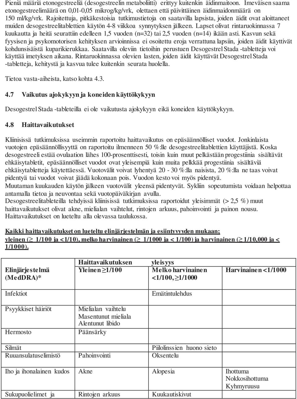 Rajoitettuja, pitkäkestoisia tutkimustietoja on saatavilla lapsista, joiden äidit ovat aloittaneet muiden desogestreelitablettien käytön 4-8 viikkoa synnytyksen jälkeen.