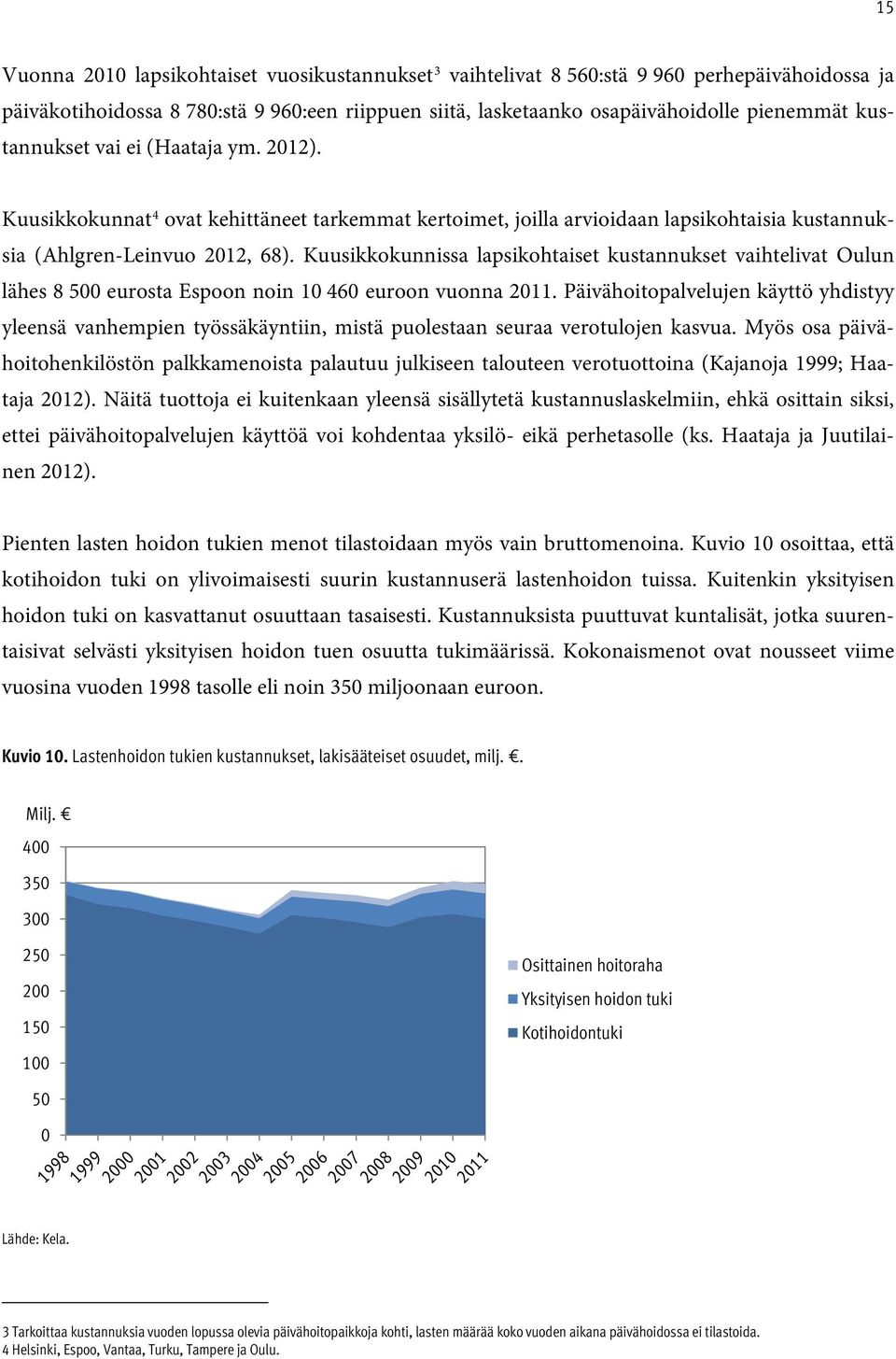 Kuusikkokunnissa lapsikohtaiset kustannukset vaihtelivat Oulun lähes 8 500 eurosta Espoon noin 10 460 euroon vuonna 2011.