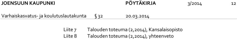 03.2014 Liite 7 Liite 8 Talouden toteuma