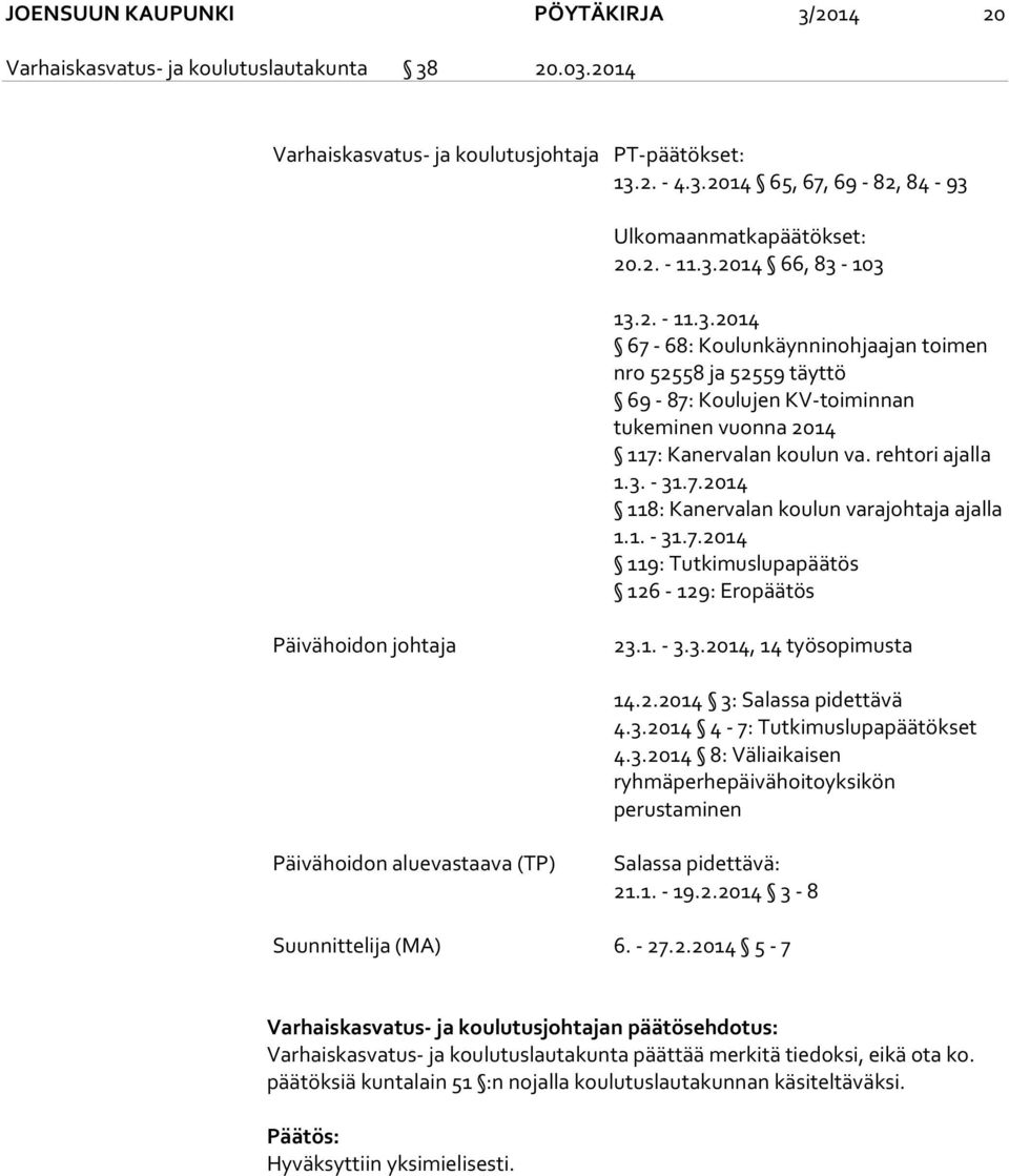 rehtori ajalla 1.3. - 31.7.2014 118: Kanervalan koulun varajohtaja ajalla 1.1. - 31.7.2014 119: Tutkimuslupapäätös 126-129: Eropäätös Päivähoidon johtaja 23.1. - 3.3.2014, 14 työsopimusta 14.2.2014 3: Salassa pidettävä 4.