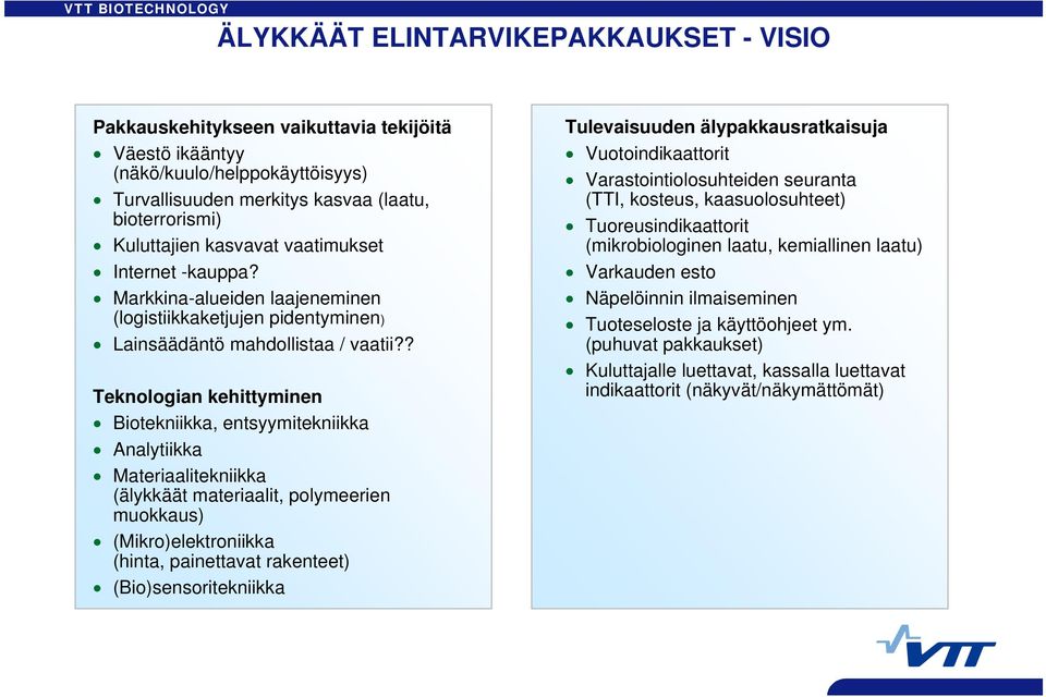 ? Teknologian kehittyminen Biotekniikka, entsyymitekniikka Analytiikka Materiaalitekniikka (älykkäät materiaalit, polymeerien muokkaus) (Mikro)elektroniikka (hinta, painettavat rakenteet)