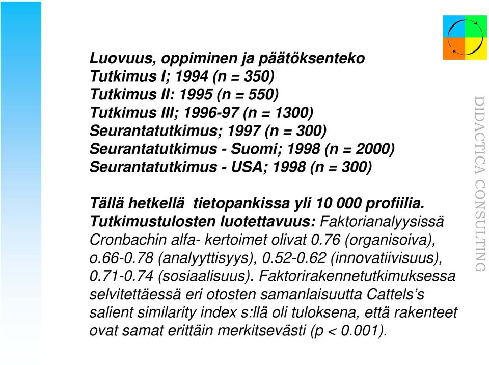 Tutkimustulosten luotettavuus: Faktorianalyysissä Cronbachin alfa- kertoimet olivat 0.76 (organisoiva), o.66-0.78 (analyyttisyys), 0.52-0.62 (innovatiivisuus), 0.