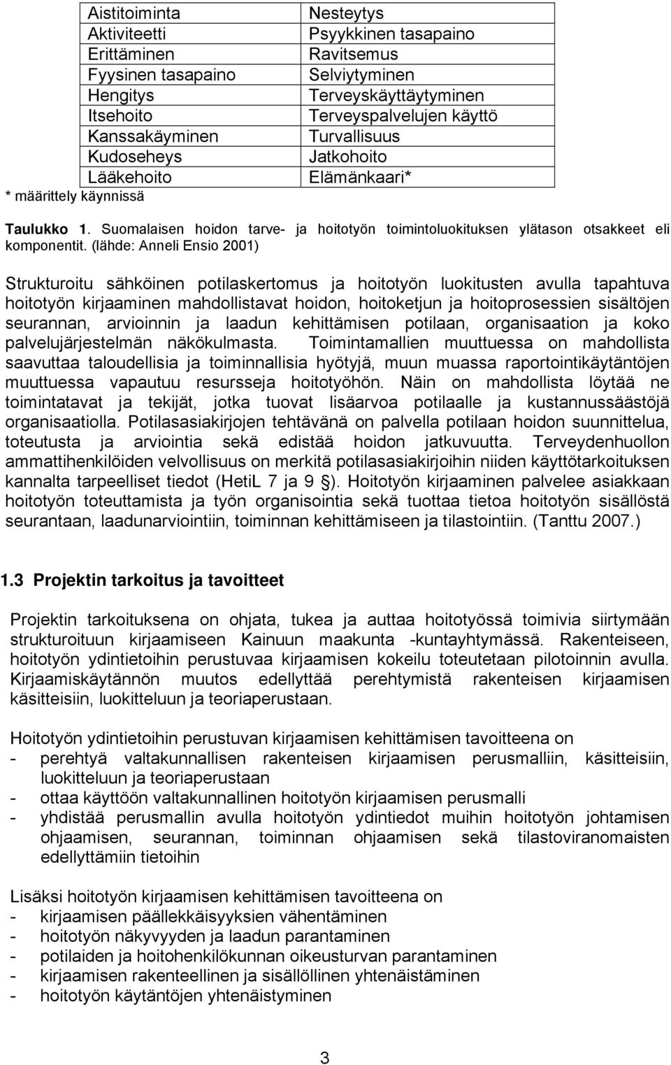 (lähde: Anneli Ensio 2001) Strukturoitu sähköinen potilaskertomus ja hoitotyön luokitusten avulla tapahtuva hoitotyön kirjaaminen mahdollistavat hoidon, hoitoketjun ja hoitoprosessien sisältöjen