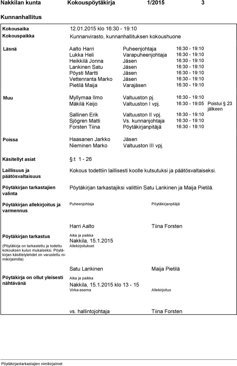 2015 klo 16:30-19:10 Kokouspaikka Kunnanvirasto, kunnanhallituksen kokoushuone Läsnä Aalto Harri Puheenjohtaja 16:30-19:10 Lukka Heli Varapuheenjohtaja 16:30-19:10 Heikkilä Jonna Jäsen 16:30-19:10