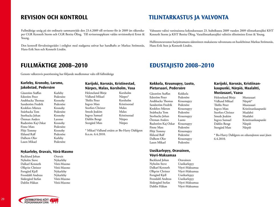 Valtuusto valitsi varsinaisessa kokouksessaan 23. huhtikuuta 2009 vuoden 2009 tilintarkastajiksi KHT Kenneth Storm ja KHT Benita Öling. Varatilintarkastajiksi valittiin tilitoimisto Ernst & Young.