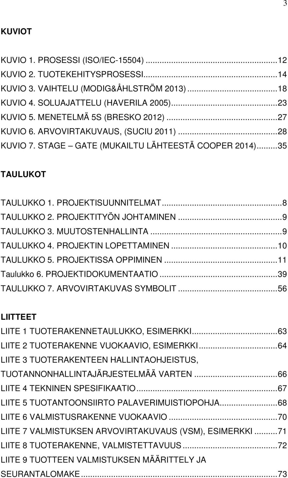 PROJEKTITYÖN JOHTAMINEN... 9 TAULUKKO 3. MUUTOSTENHALLINTA... 9 TAULUKKO 4. PROJEKTIN LOPETTAMINEN... 10 TAULUKKO 5. PROJEKTISSA OPPIMINEN... 11 Taulukko 6. PROJEKTIDOKUMENTAATIO... 39 TAULUKKO 7.