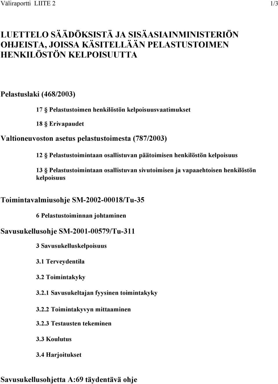 sivutoimisen ja vapaaehtoisen henkilöstön kelpoisuus Toimintavalmiusohje SM-2002-00018/Tu-35 6 Pelastustoiminnan johtaminen Savusukellusohje SM-2001-00579/Tu-311 3 Savusukelluskelpoisuus 3.