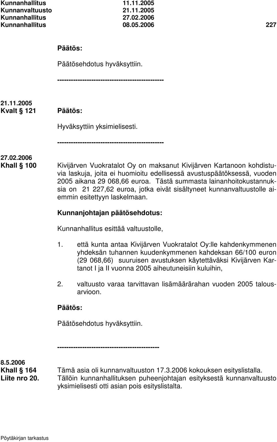 2006 Khall 100 Kivijärven Vuokratalot Oy on maksanut Kivijärven Kartanoon kohdistuvia laskuja, joita ei huomioitu edellisessä avustuspäätöksessä, vuoden 2005 aikana 29 068,66 euroa.