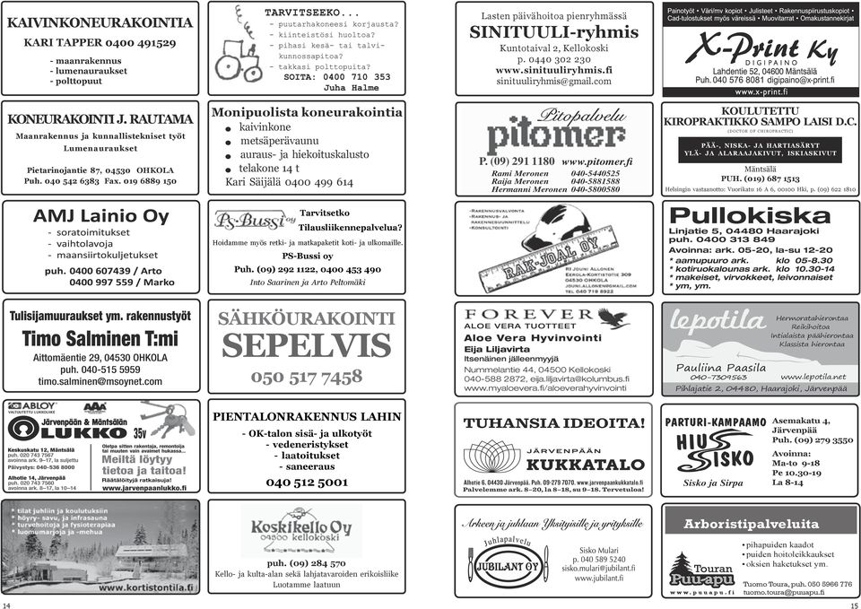 019 6889 150 150 Monipuolista koneurakointia kaivinkone metsäperävaunu auraus- ja ja hiekoituskalusto telakone 14 14 t t Kari Säijälä 0400 499 614 Pitopalvelu P. (09) 291 1180 www.pitomer.