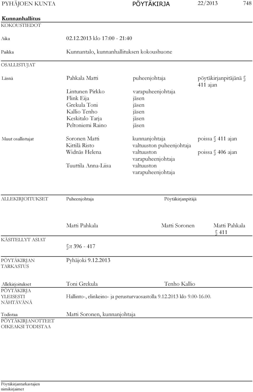 Grekula Toni jäsen Kallio Tenho jäsen Keskitalo Tarja jäsen Peltoniemi Raino jäsen Muut osallistujat Soronen Matti kunnanjohtaja poissa 411 ajan Kittilä Risto valtuuston puheenjohtaja Widnäs Helena
