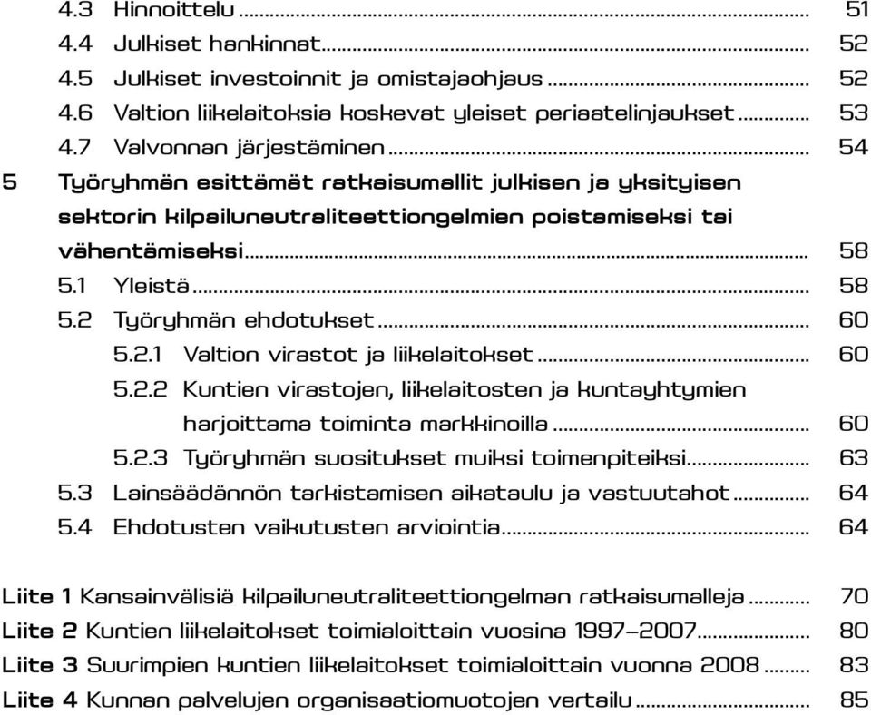 Työryhmän ehdotukset... 60 5.2.1 Valtion virastot ja liikelaitokset... 60 5.2.2 Kuntien virastojen, liikelaitosten ja kuntayhtymien harjoittama toiminta markkinoilla... 60 5.2.3 Työryhmän suositukset muiksi toimenpiteiksi.