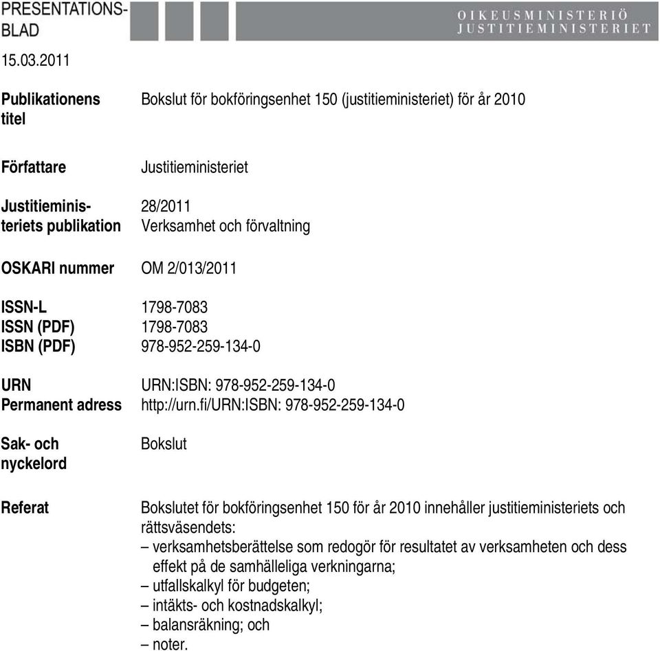 och förvaltning OSKARI nummer OM 2/013/2011 ISSN-L 1798-7083 ISSN (PDF) 1798-7083 ISBN (PDF) 978-952-259-134-0 URN URN:ISBN: 978-952-259-134-0 Permanent adress http://urn.