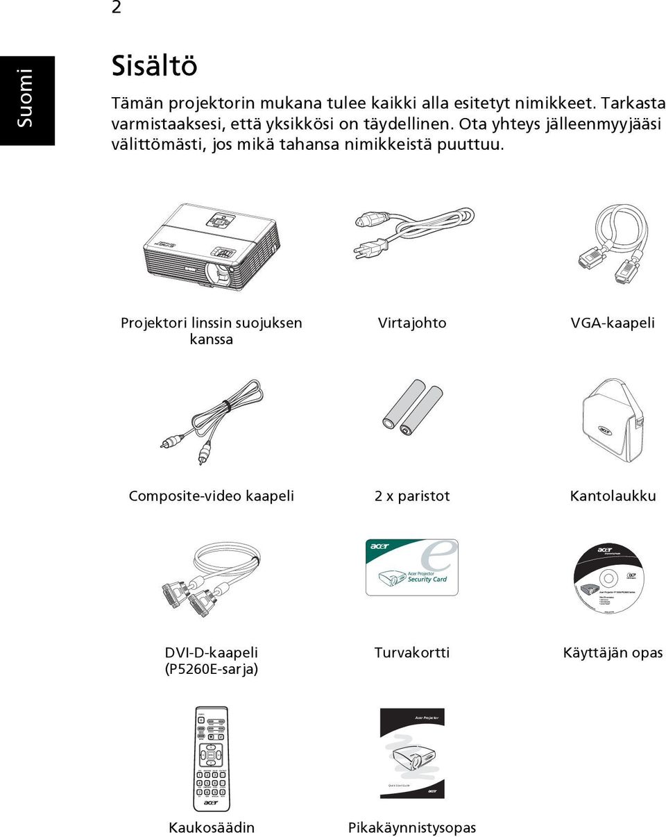 Ota yhteys jälleenmyyjääsi välittömästi, jos mikä tahansa nimikkeistä puuttuu.