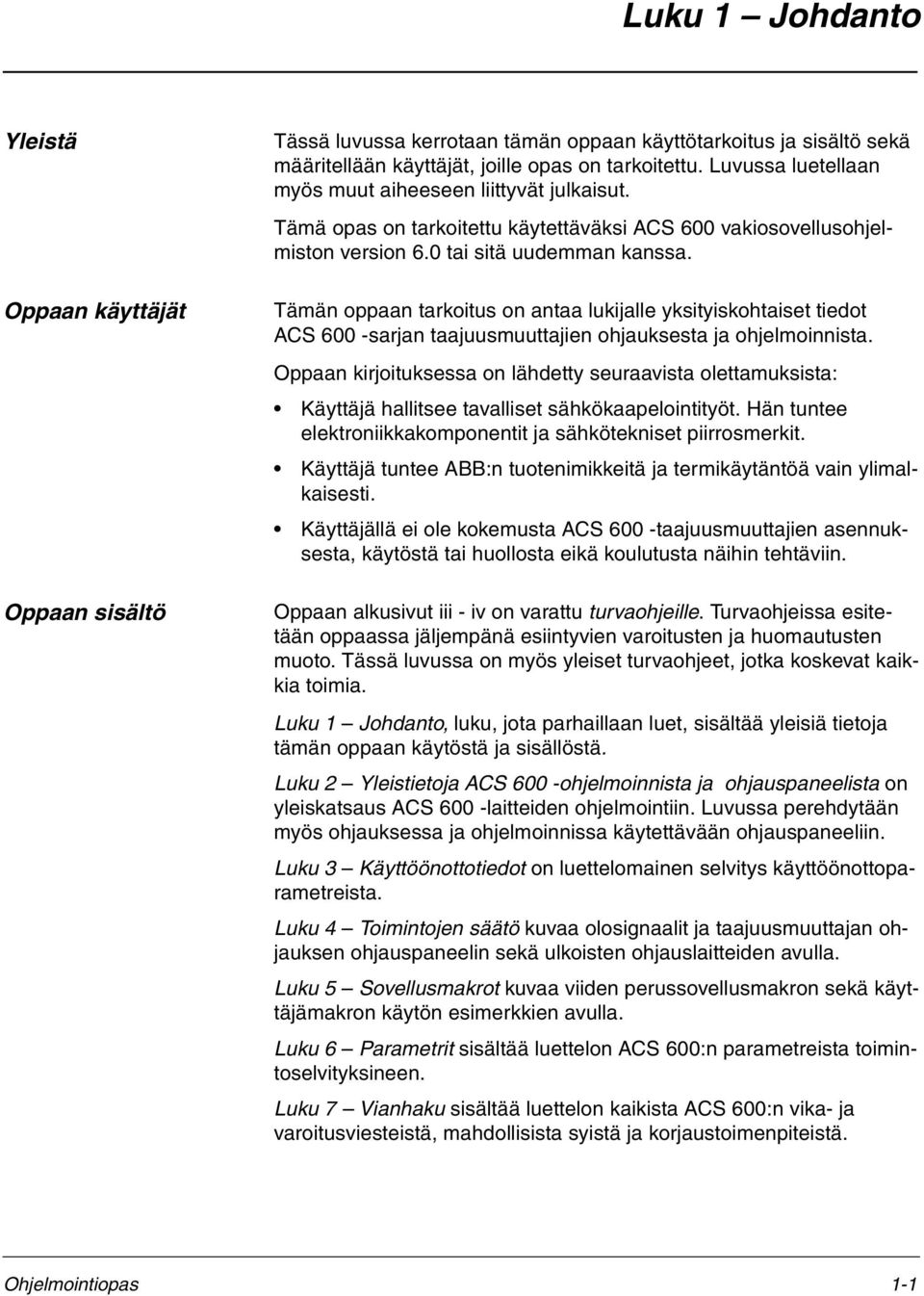 Tämän oppaan tarkoitus on antaa lukijalle yksityiskohtaiset tiedot ACS 600 -sarjan taajuusmuuttajien ohjauksesta ja ohjelmoinnista.