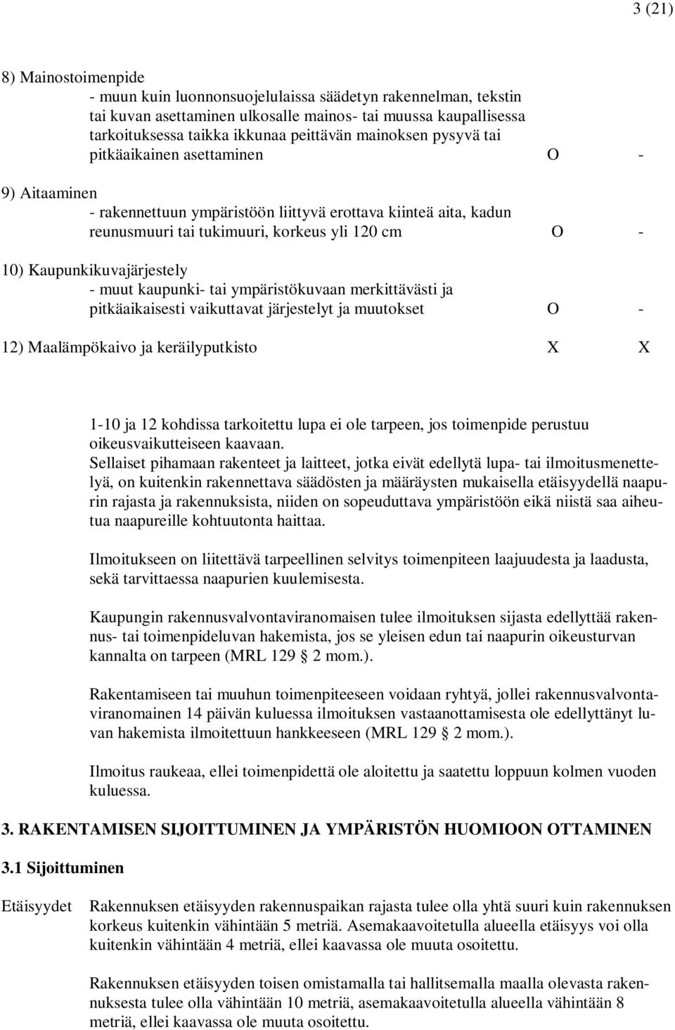 Kaupunkikuvajärjestely - muut kaupunki- tai ympäristökuvaan merkittävästi ja pitkäaikaisesti vaikuttavat järjestelyt ja muutokset O - 12) Maalämpökaivo ja keräilyputkisto X X 1-10 ja 12 kohdissa