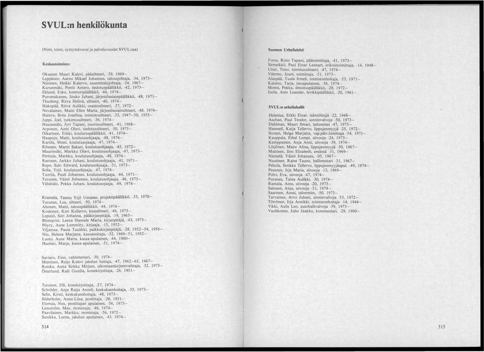 1973- Niininen, Heikki Kalervo, suunnittelujohtaja, -34, 1967- Kurunmäki, Pentti Antero, tiedotuspäällikkö, -42, 1973- Eklund, Esko, konttoripäällik kö, -44, 1974- Purontakanen, Jouko Juhani,