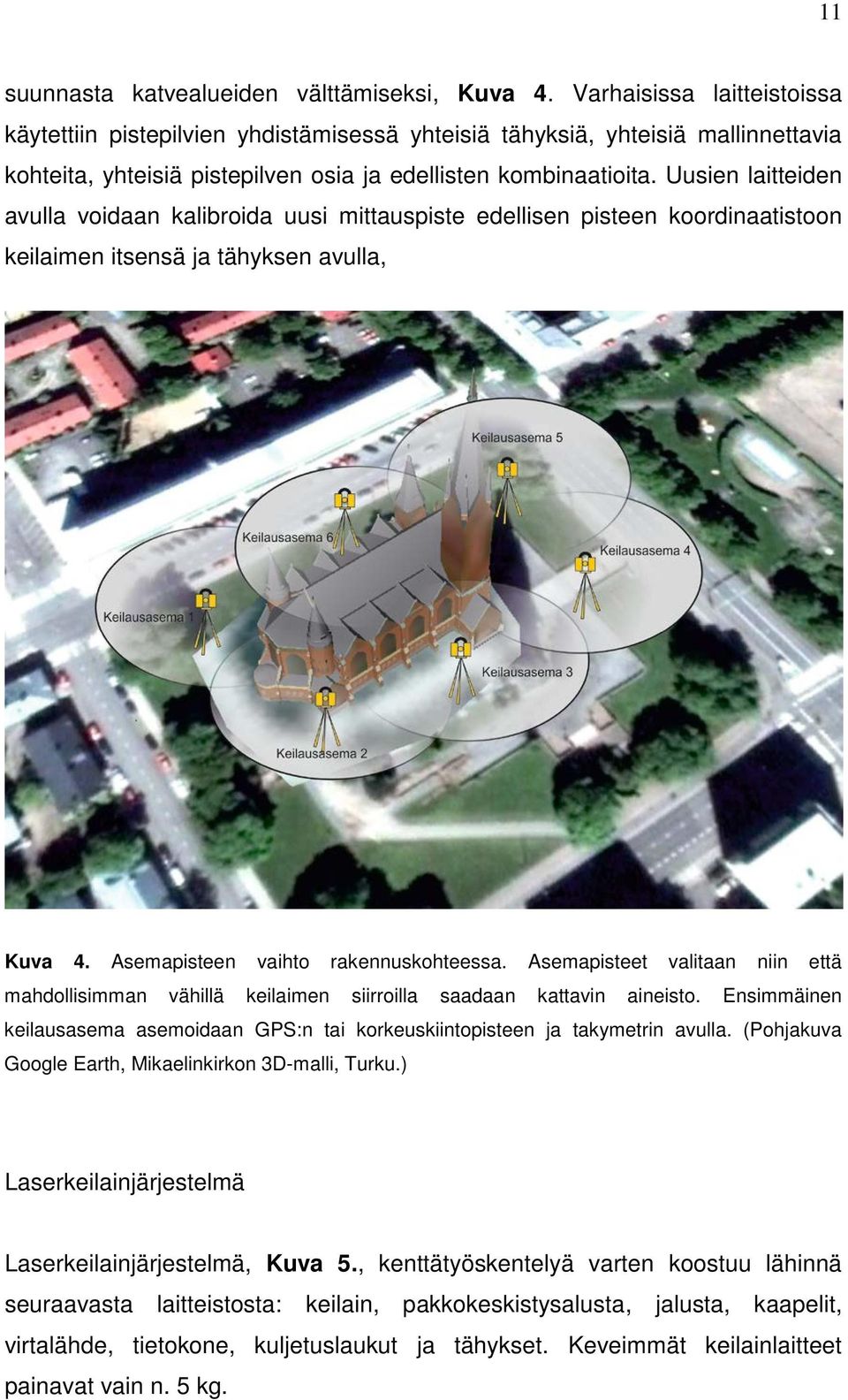 Uusien laitteiden avulla voidaan kalibroida uusi mittauspiste edellisen pisteen koordinaatistoon keilaimen itsensä ja tähyksen avulla, Kuva 4. Asemapisteen vaihto rakennuskohteessa.