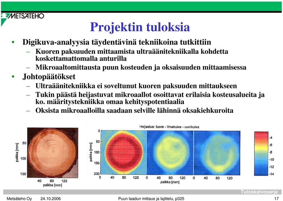 ei soveltunut kuoren paksuuden mittaukseen Tukin päästä heijastuvat mikroaallot osoittavat erilaisia kosteusalueita ja ko.