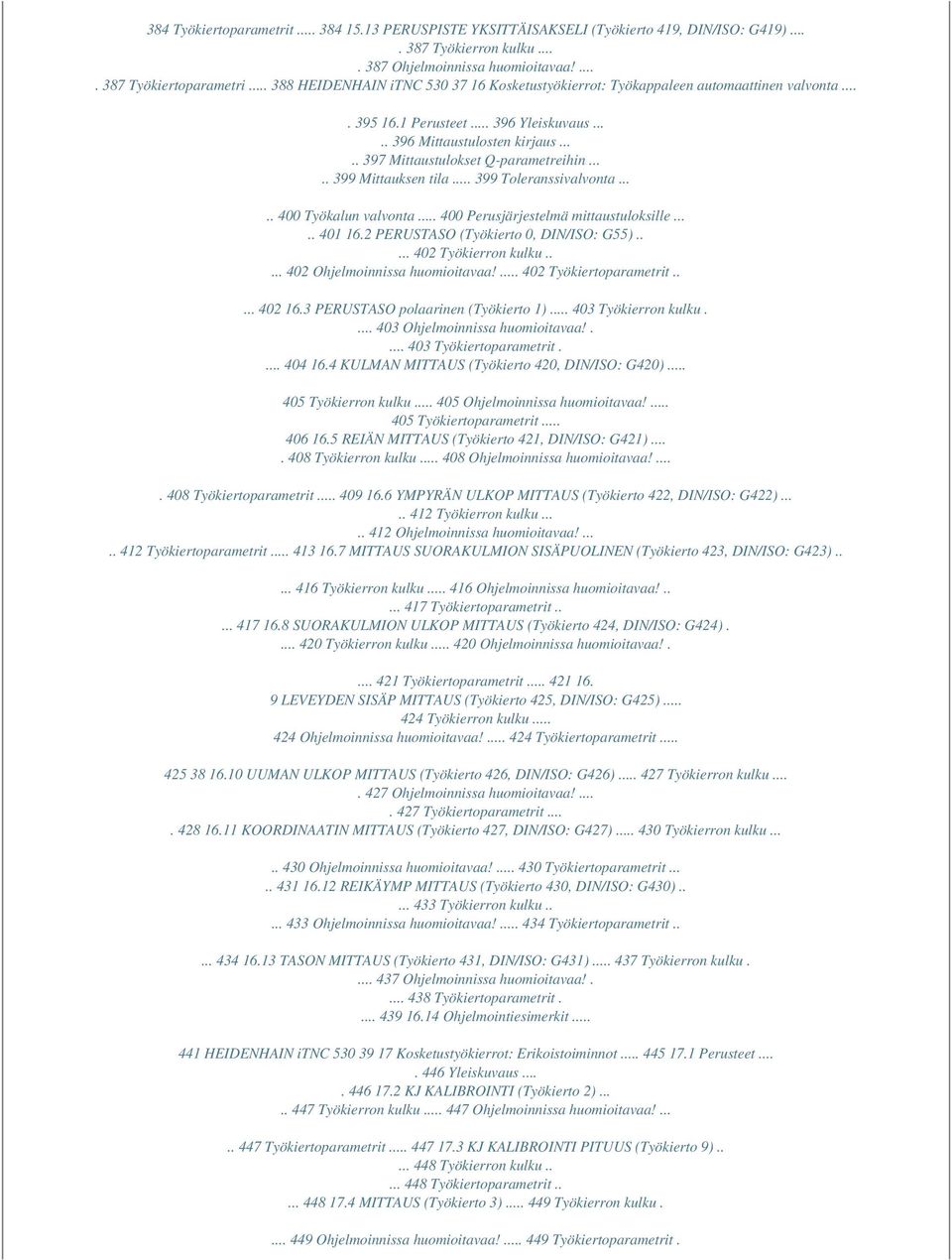 .... 397 Mittaustulokset Q-parametreihin..... 399 Mittauksen tila... 399 Toleranssivalvonta..... 400 Työkalun valvonta... 400 Perusjärjestelmä mittaustuloksille..... 401 16.