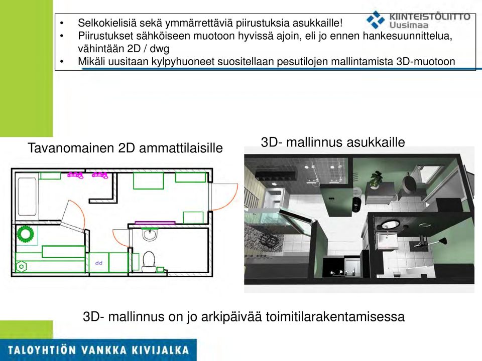 vähintään 2D / dwg Mikäli uusitaan kylpyhuoneet suositellaan pesutilojen mallintamista