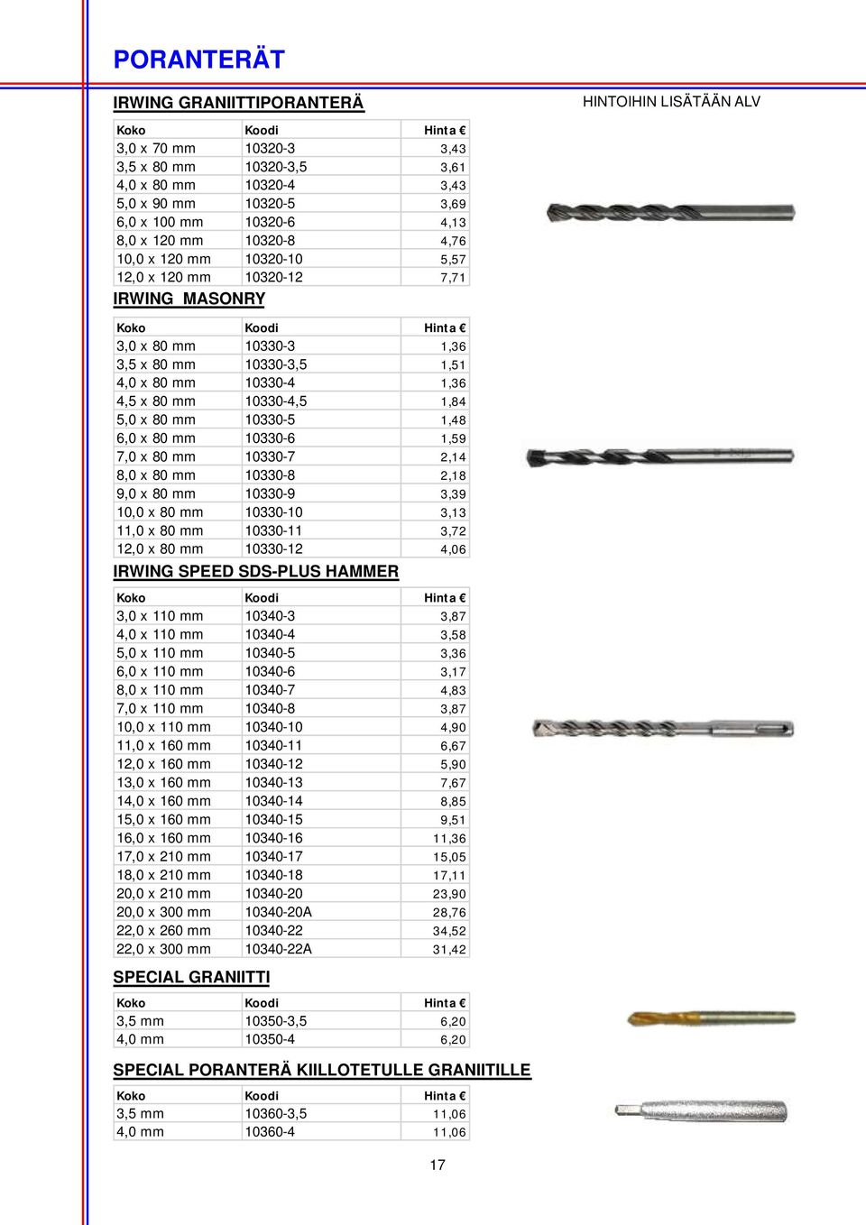 80 mm 10330-6 1,59 7,0 x 80 mm 10330-7 2,14 8,0 x 80 mm 10330-8 2,18 9,0 x 80 mm 10330-9 3,39 10,0 x 80 mm 10330-10 3,13 11,0 x 80 mm 10330-11 3,72 12,0 x 80 mm 10330-12 4,06 IRWING SPEED SDS-PLUS