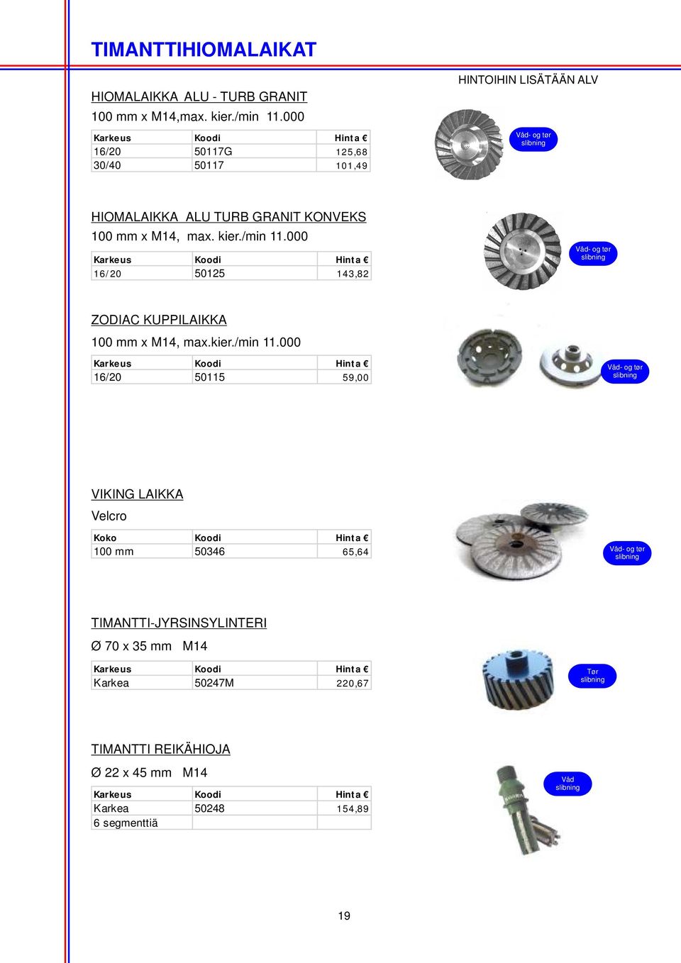 000 Karkeus Koodi Hinta 16/20 50125 143,82 Våd- og tør slibning ZODIAC KUPPILAIKKA 100 mm x M14, max.kier./min 11.