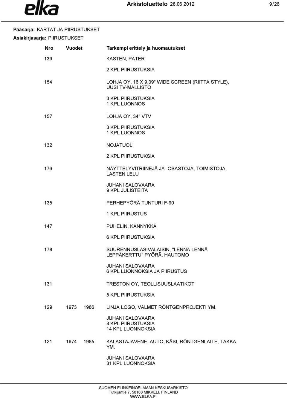 STYLE), UUSI TV-MALLISTO 3 KPL PIIRUSTUKSIA 1 KPL LUONNOS 157 LOHJA OY, 34" VTV 3 KPL PIIRUSTUKSIA 1 KPL LUONNOS 132 NOJATUOLI 2 KPL PIIRUSTUKSIA 176 NÄYTTELYVITRIINEJÄ JA -OSASTOJA, TOIMISTOJA,