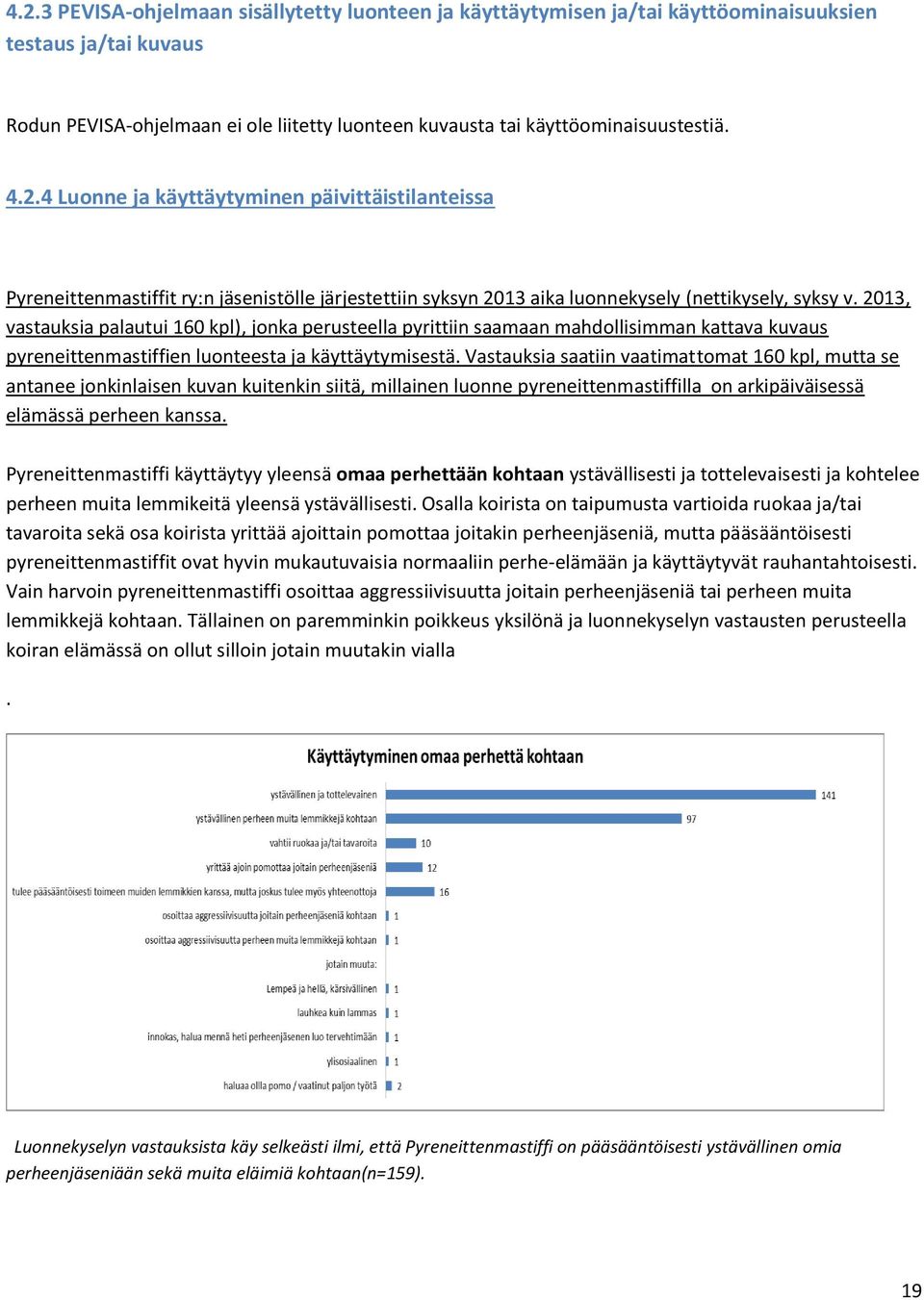 2013, vastauksia palautui 160 kpl), jonka perusteella pyrittiin saamaan mahdollisimman kattava kuvaus pyreneittenmastiffien luonteesta ja käyttäytymisestä.