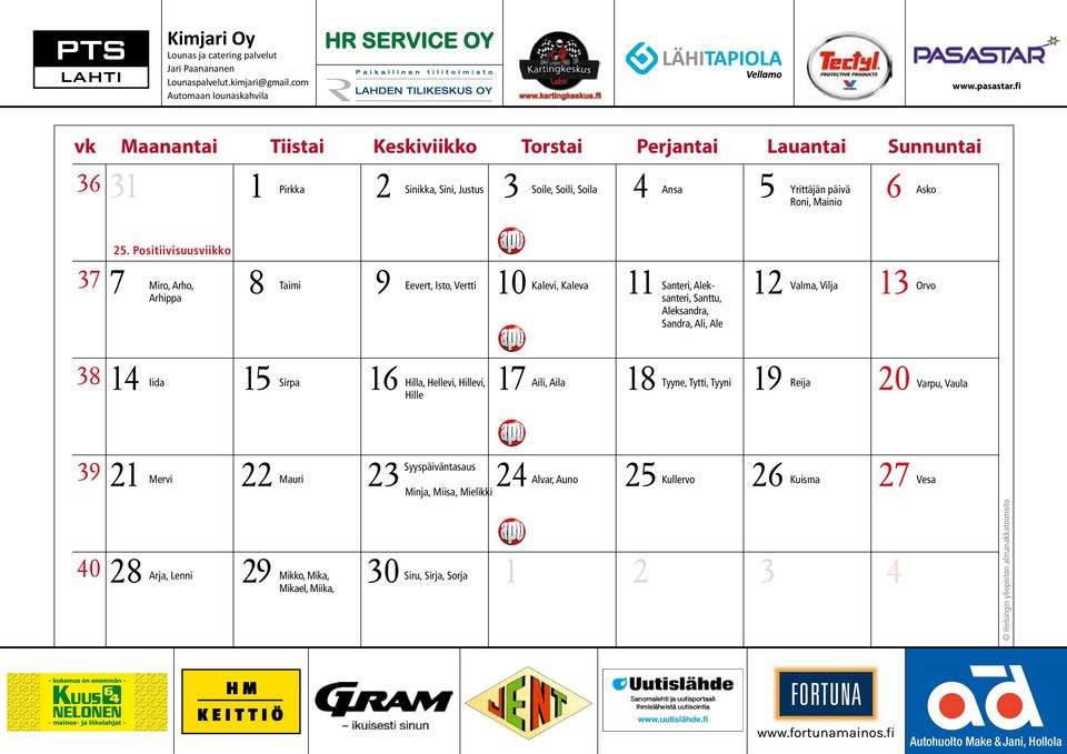 Positiivisuusviikko Arhippa 7 Miro, Arho, 8 Taimi 9 Eevert, Isto, Vertti 10 Kalevi, Kaleva 11 Sateri, Alek 12 Valma, Vilja 13 sateri, Sattu, Aleksadra, Sadra, Ali, Ale 14 Iida 15 Sirpa 16 Hilla,