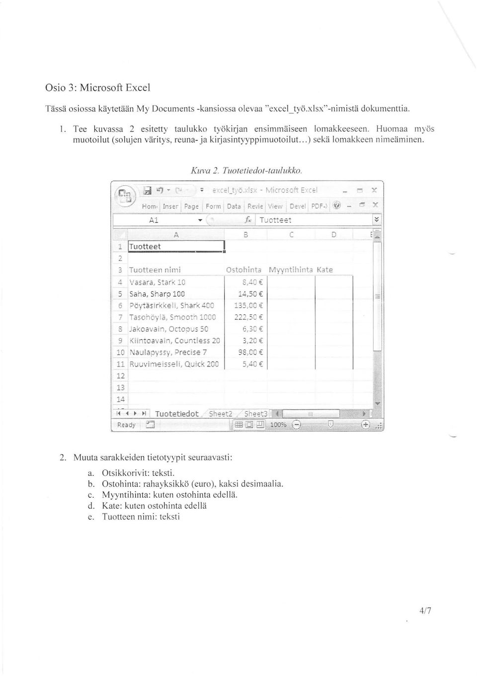 ! Inser I Page. Fo rm Osta Revi e View De1,le! PD f.) '<1) X I Al. Ix I Tuotteet A B C 0 E c 1 ITuotteet I 2 3 Tuotteen nimi Ostoh inta Myyntihinta Kate 4 Vasara, Stark 10 8,.