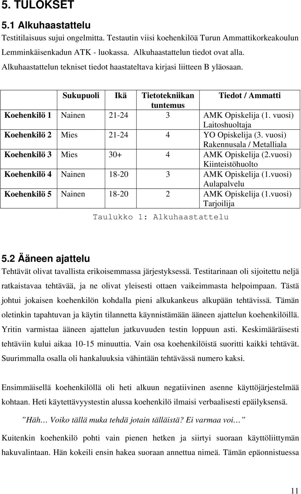 vuosi) Laitoshuoltaja Koehenkilö 2 Mies 21-24 4 YO Opiskelija (3. vuosi) Rakennusala / Metalliala Koehenkilö 3 Mies 30+ 4 AMK Opiskelija (2.