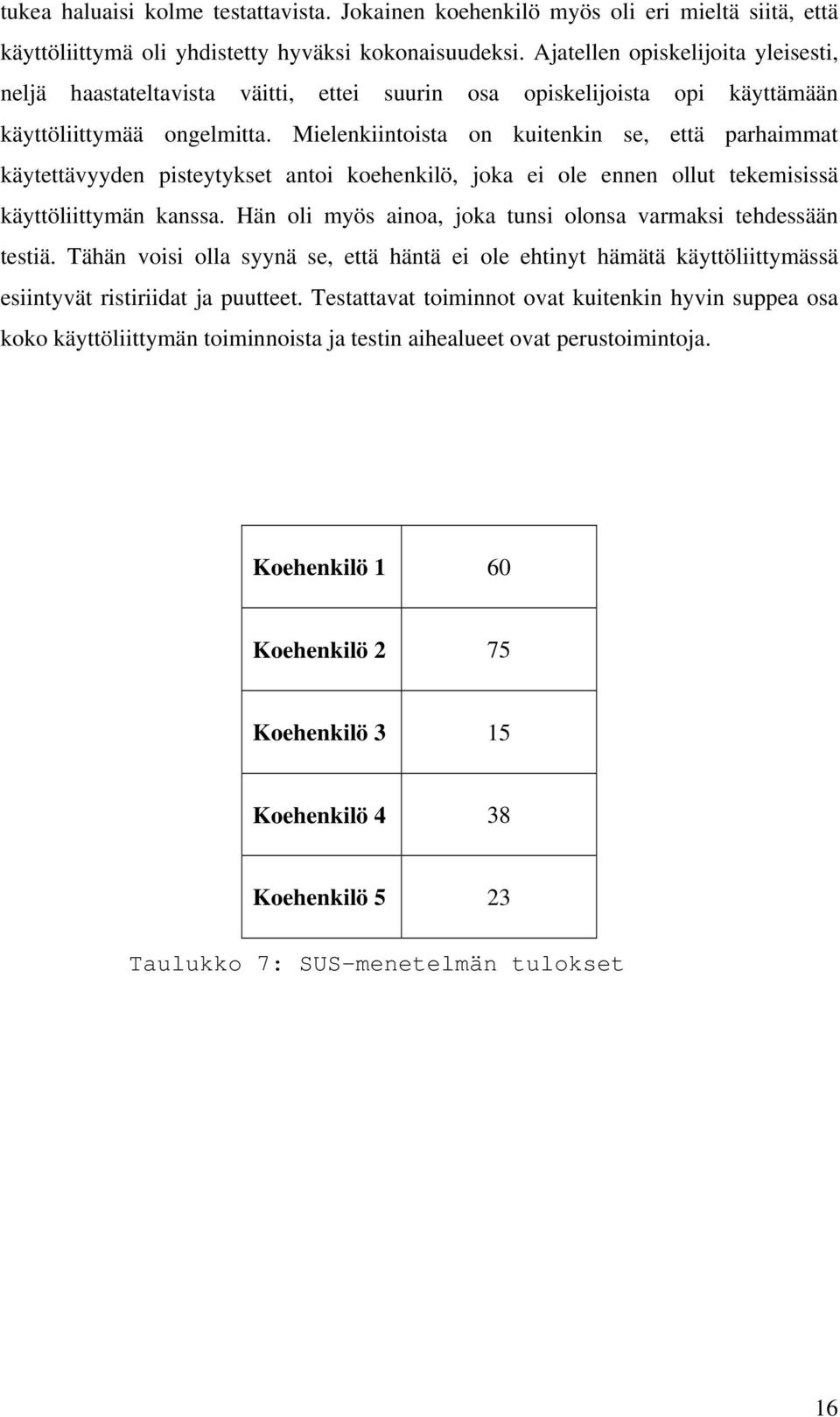 Mielenkiintoista on kuitenkin se, että parhaimmat käytettävyyden pisteytykset antoi koehenkilö, joka ei ole ennen ollut tekemisissä käyttöliittymän kanssa.