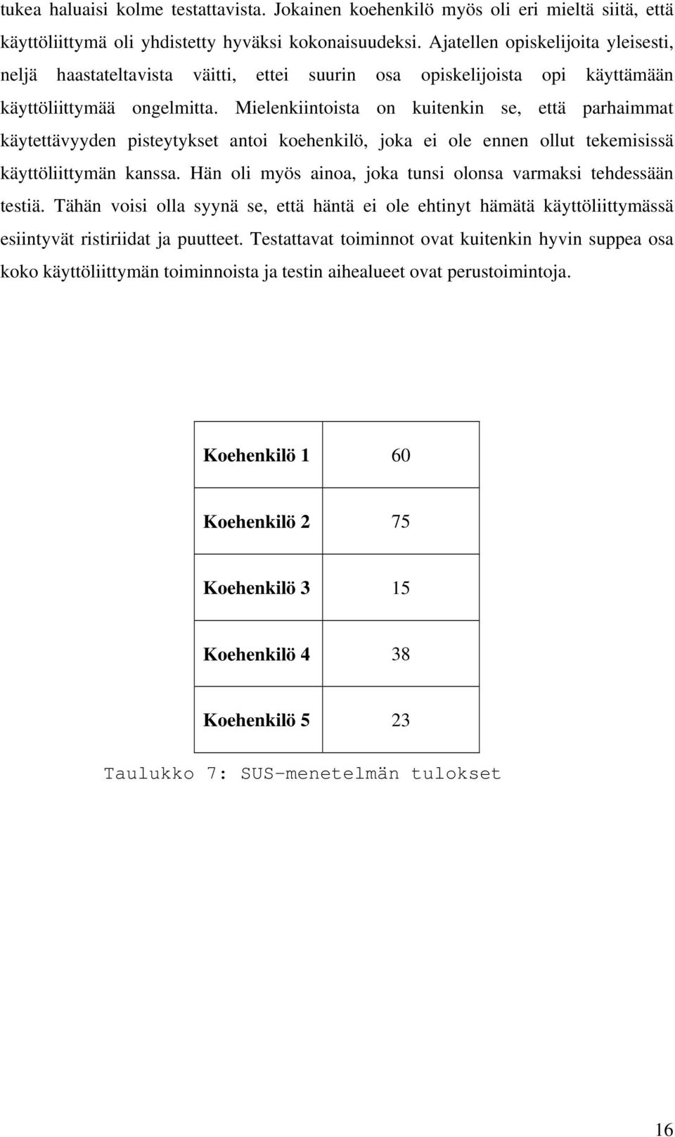 Mielenkiintoista on kuitenkin se, että parhaimmat käytettävyyden pisteytykset antoi koehenkilö, joka ei ole ennen ollut tekemisissä käyttöliittymän kanssa.