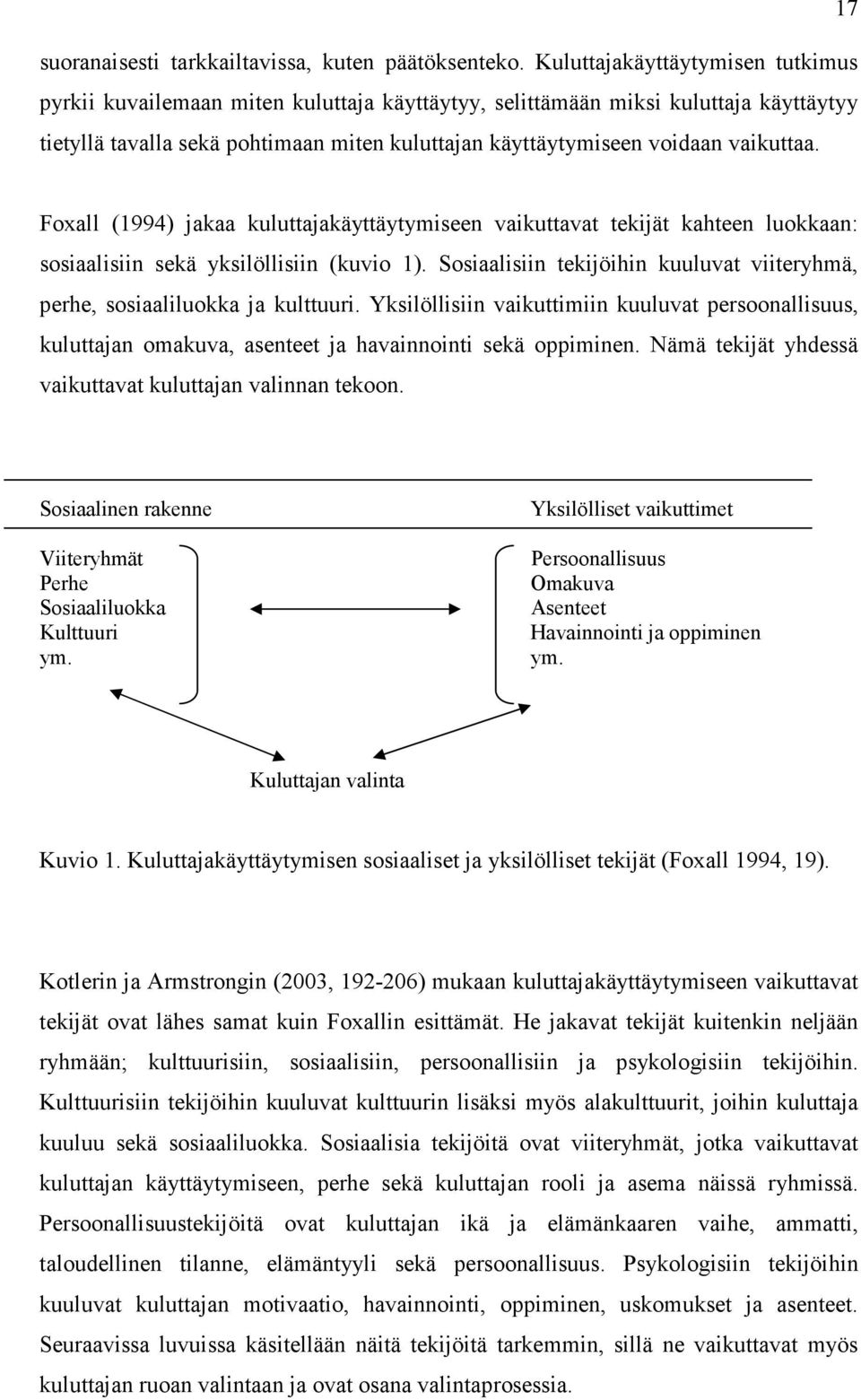 vaikuttaa. Foxall (1994) jakaa kuluttajakäyttäytymiseen vaikuttavat tekijät kahteen luokkaan: sosiaalisiin sekä yksilöllisiin (kuvio 1).