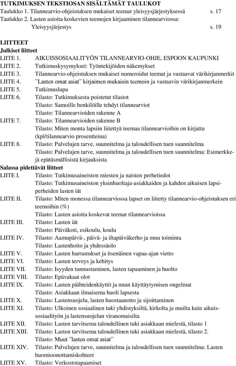 Tutkimuskysymykset: Työntekijöiden näkemykset LIITE 3. Tilannearvio-ohjeistuksen mukaiset numeroidut teemat ja vastaavat värikirjanmerkit LIITE 4.