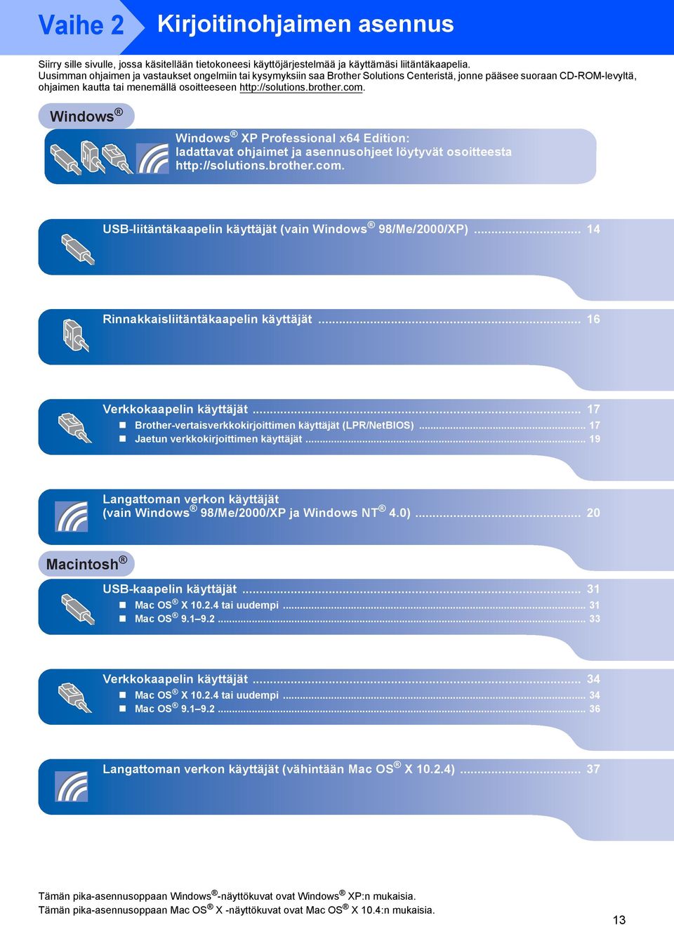com. XP Professional x64 Edition: ladattavat ohjaimet ja asennusohjeet löytyvät osoitteesta http://solutions.brother.com. USB-liitäntäkaapelin käyttäjät (vain 98/Me/2000/XP).