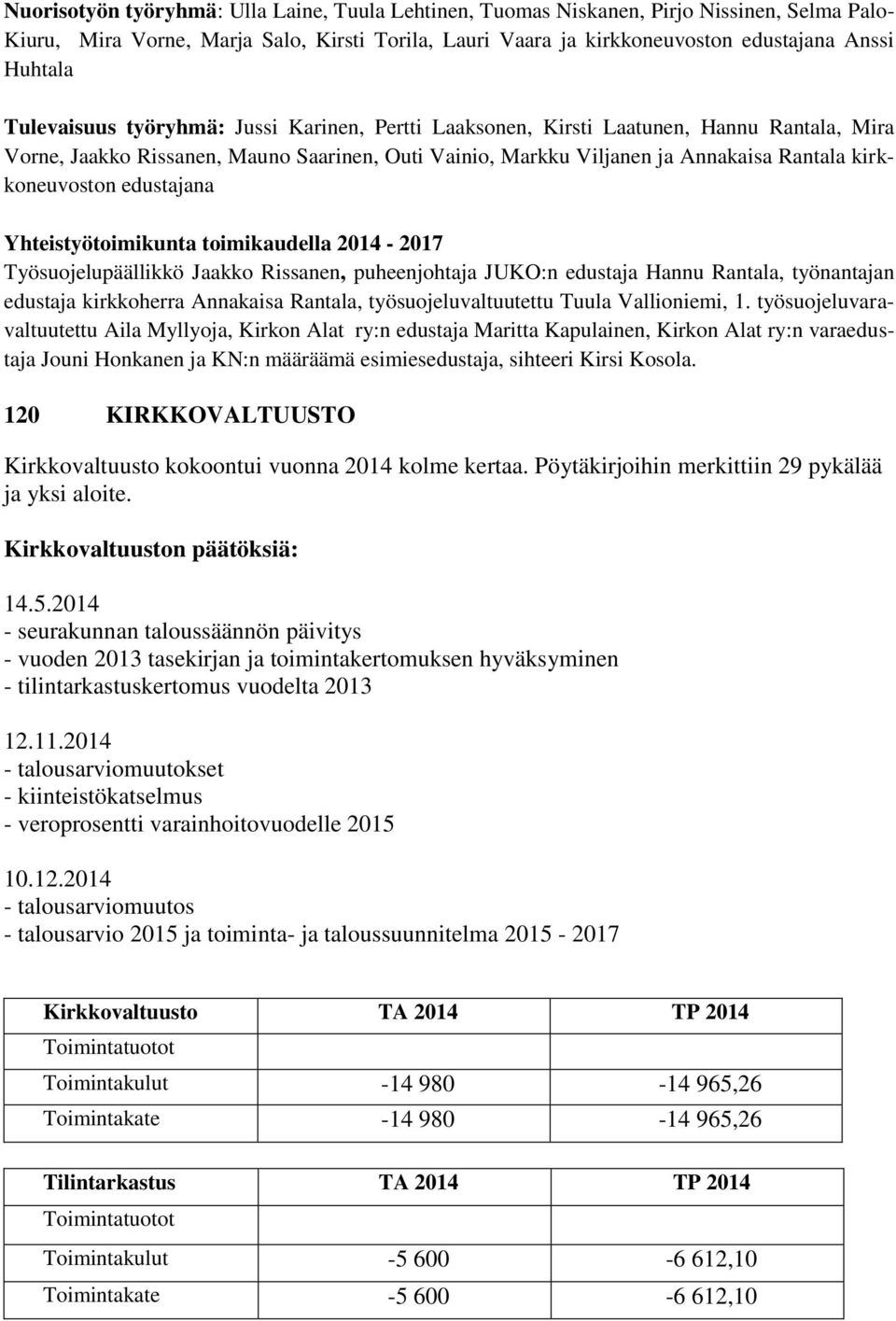 edustajana Yhteistyötoimikunta toimikaudella 2014-2017 Työsuojelupäällikkö Jaakko Rissanen, puheenjohtaja JUKO:n edustaja Hannu Rantala, työnantajan edustaja kirkkoherra Annakaisa Rantala,