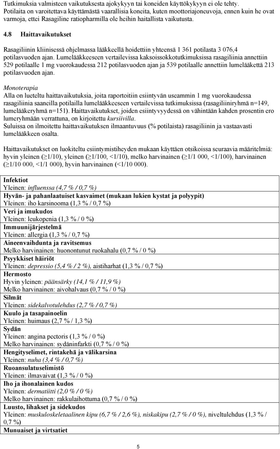 8 Haittavaikutukset Rasagiliinin kliinisessä ohjelmassa lääkkeellä hoidettiin yhteensä 1 361 potilasta 3 076,4 potilasvuoden ajan.