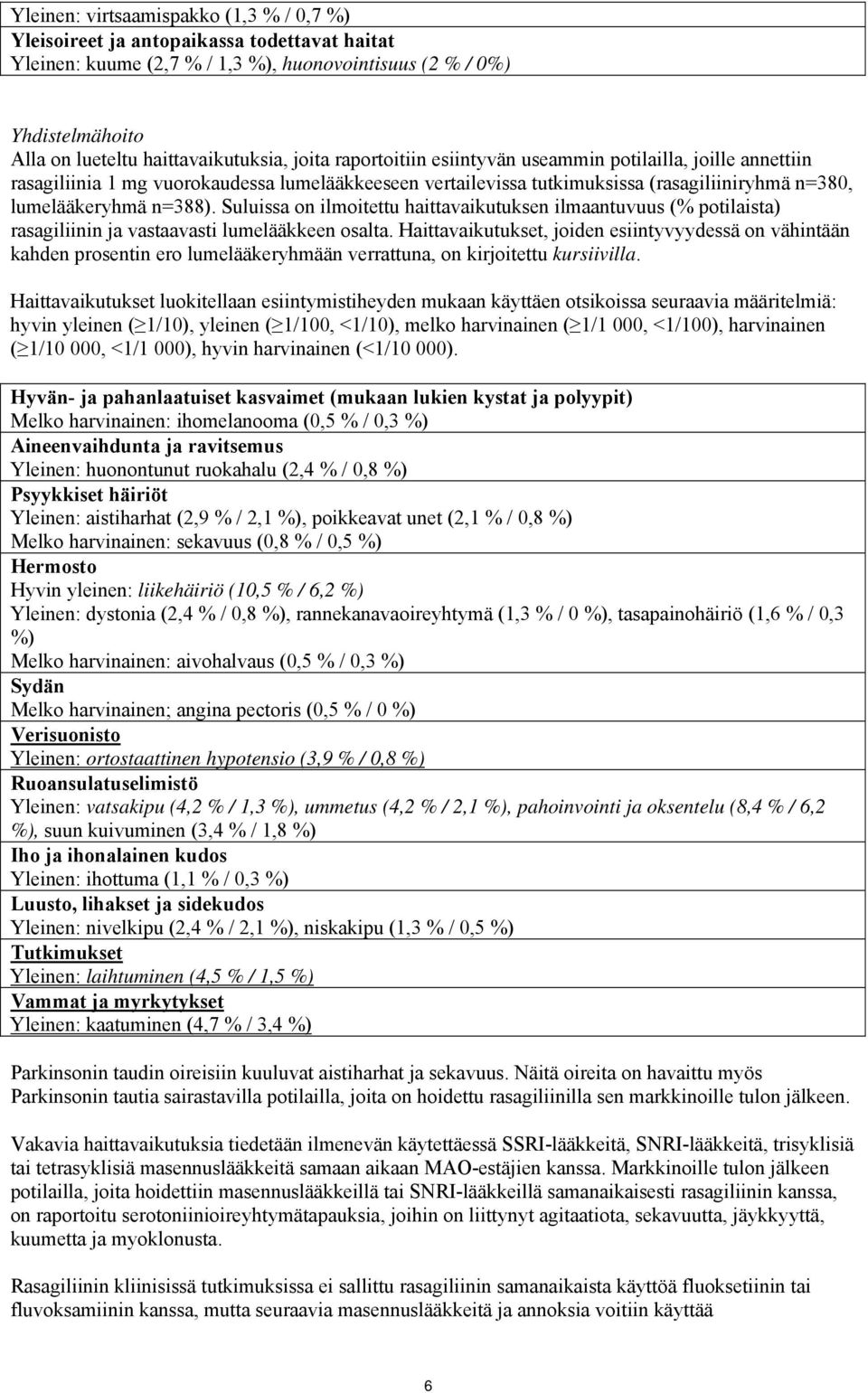 Suluissa on ilmoitettu haittavaikutuksen ilmaantuvuus (% potilaista) rasagiliinin ja vastaavasti lumelääkkeen osalta.