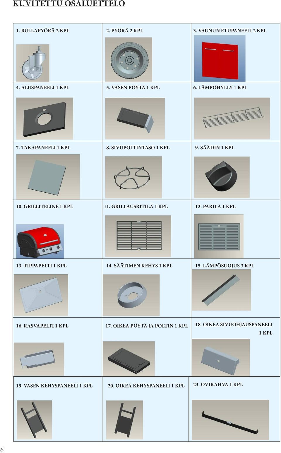 GRILLAUSRITILÄ 1 KPL 12. PARILA 1 KPL 13. TIPPAPELTI 1 KPL 14. SÄÄTIMEN KEHYS 1 KPL 15. LÄMPÖSUOJUS 3 KPL 16. RASVAPELTI 1 KPL 17.