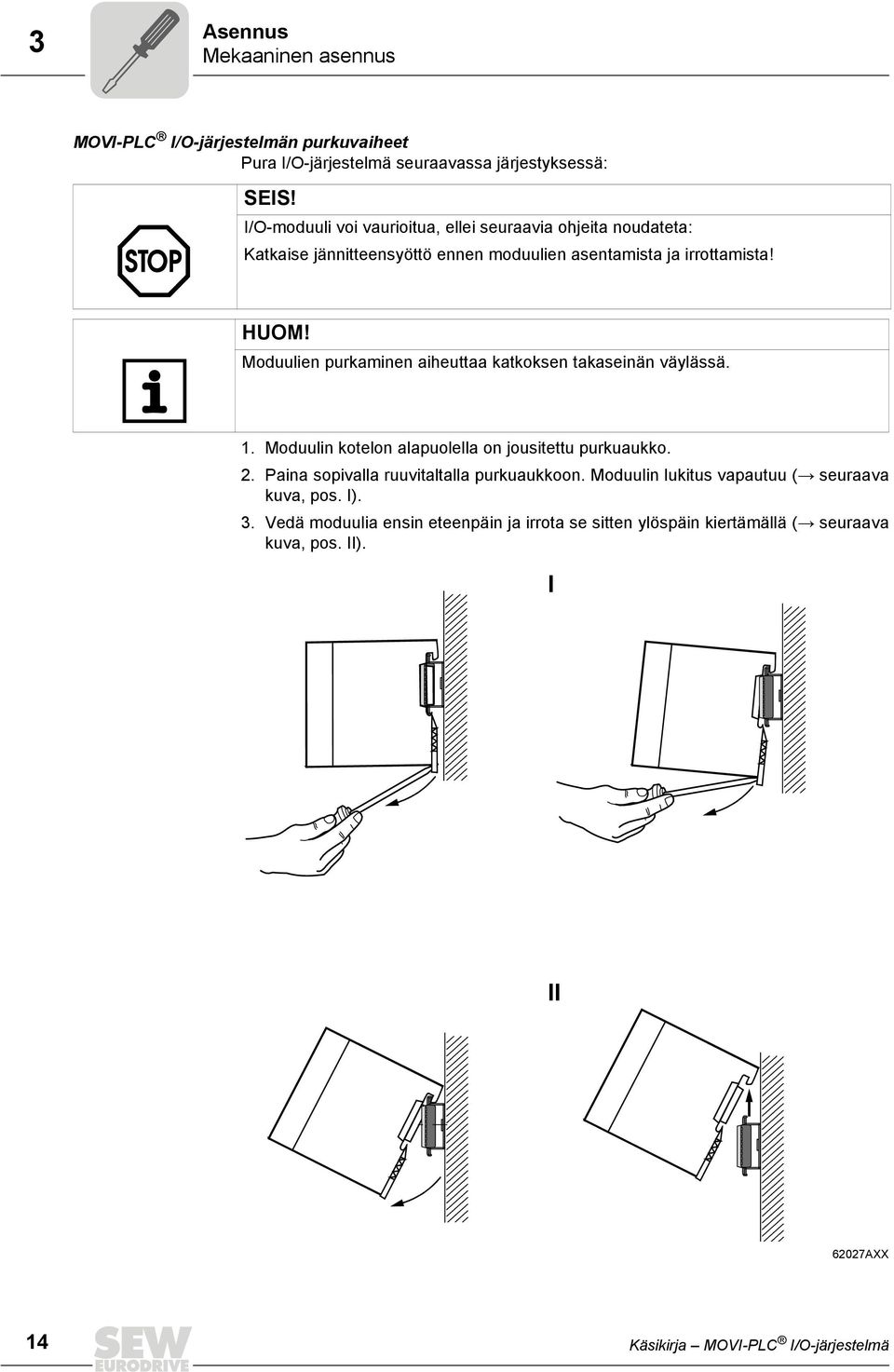 Moduulien purkaminen aiheuttaa katkoksen takaseinän väylässä.. Moduulin kotelon alapuolella on jousitettu purkuaukko.