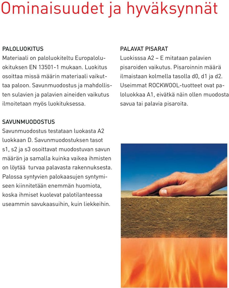 Pisaroinnin määrä ilmaistaan kolmella tasolla d0, d1 ja d2. Useimmat ROCKWOOL-tuotteet ovat paloluokkaa A1, eivätkä näin ollen muodosta savua tai palavia pisaroita.