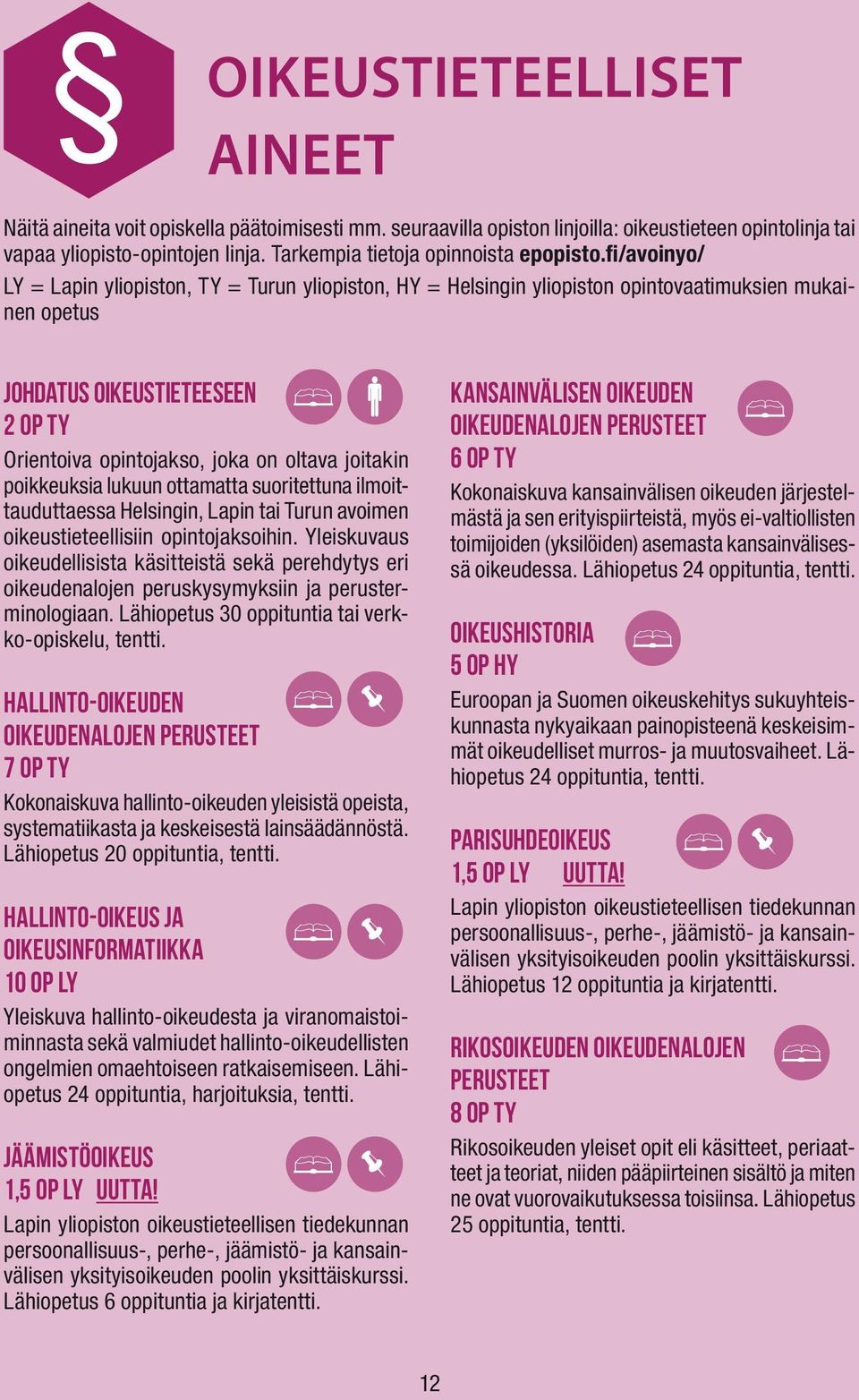 fi/avoinyo/ LY = Lapin yliopiston, TY = Turun yliopiston, HY = Helsingin yliopiston opintovaatimuksien mukainen opetus Johdatus oikeustieteeseen 2 op TY Orientoiva opintojakso, joka on oltava