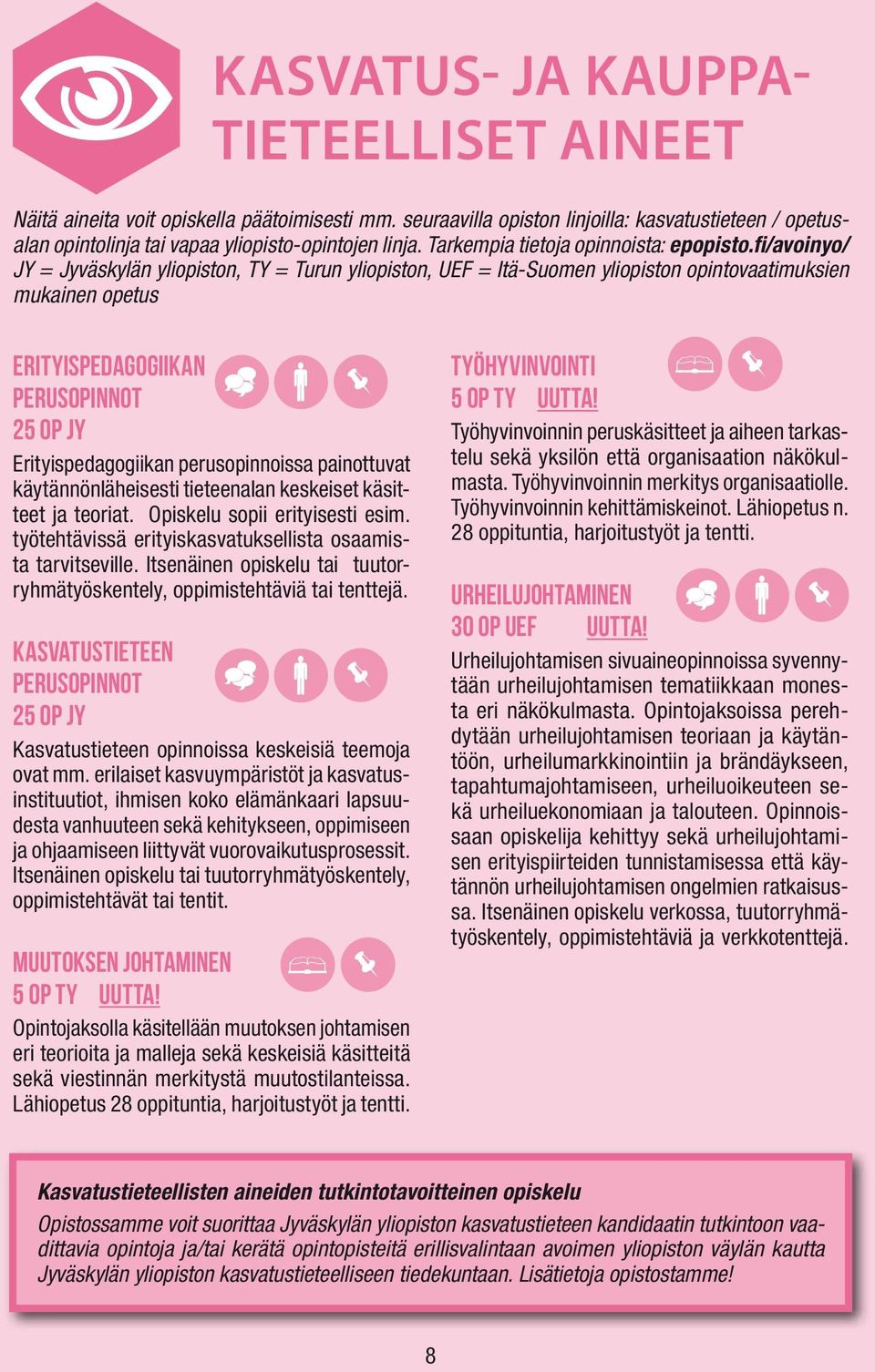 fi/avoinyo/ JY = Jyväskylän yliopiston, TY = Turun yliopiston, UEF = Itä-Suomen yliopiston opintovaatimuksien mukainen opetus Erityispedagogiikan perusopinnot 25 op JY Erityispedagogiikan