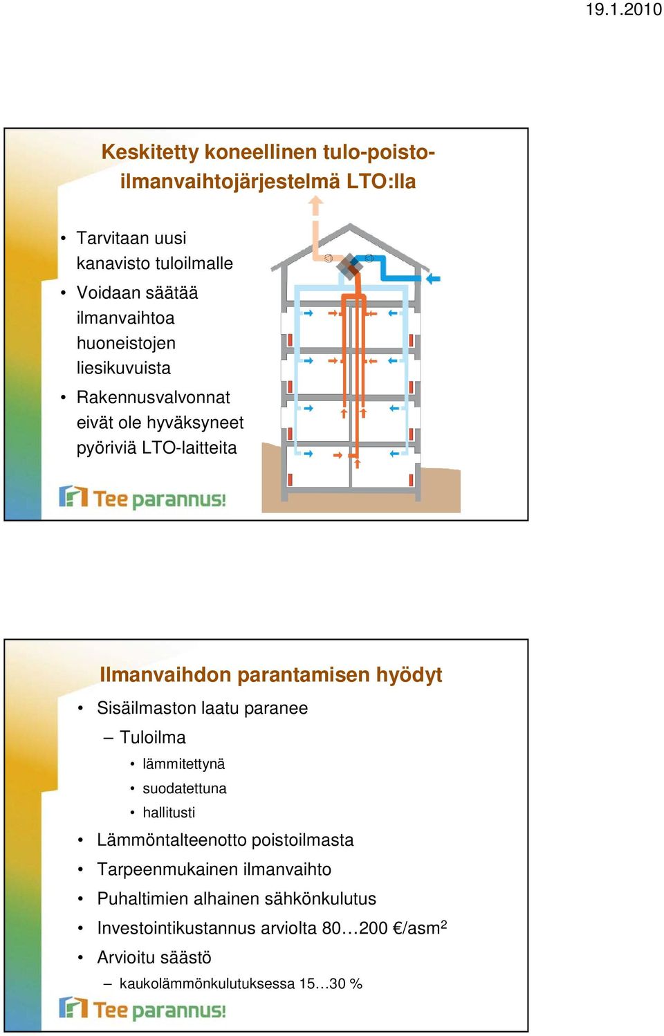 parantamisen hyödyt Sisäilmaston laatu paranee Tuloilma lämmitettynä suodatettuna hallitusti Lämmöntalteenotto poistoilmasta